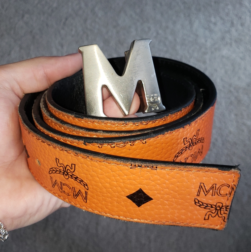 Authentic COGNAC leather silver MCM belt size 40